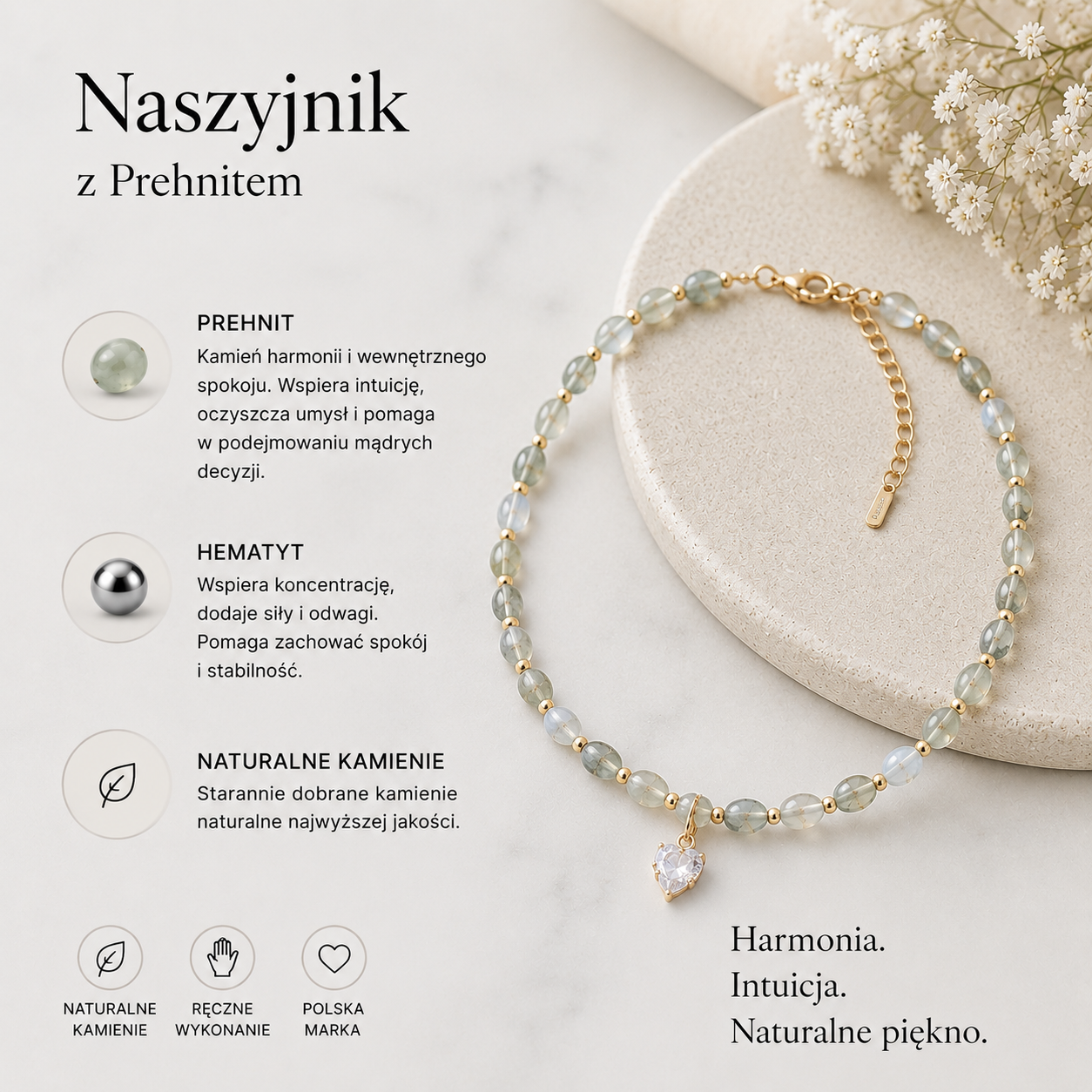 Naszyjnik z Prehnitem i zawieszką serce | Naturalny kamień | Handmade