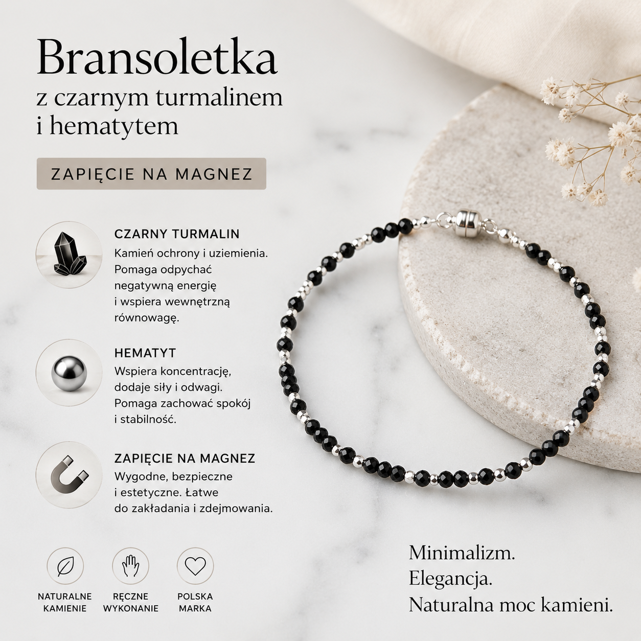 Bransoletka z czarnego Turmalinu i srebrnych Hematytów